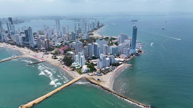 Cartagena De India Skyline At Cartagena De India In Bolivar Colombia. Caribbean Cityscape. Downtown Background. Cartagena De India At Bolivar Colombia. Tourism Landscape. Walled City Landmark.