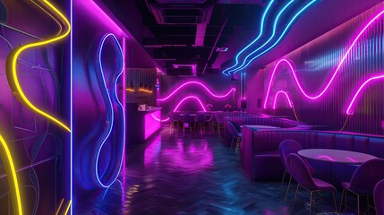 Interior design featuring neon lights with abstract shapes, modern and stylish lounge ambiance