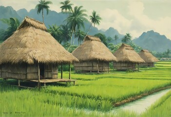 Fototapeta na wymiar 'Huts plants conical rice ripe roofs straw surrounded green'