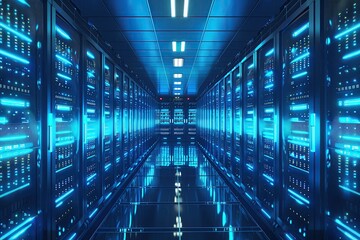 High tech server room with rows of servers emitting blue light, illustrating powerful digital infrastructure