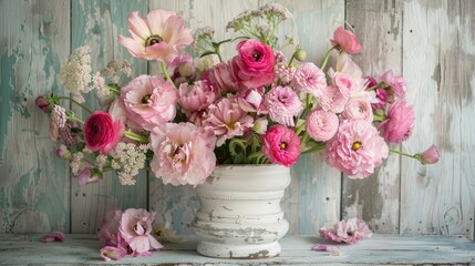 Celebrate Valentine s Mother s or Women s Day with a stunning arrangement of pink flowers set against a rustic white wooden backdrop in a captivating still life display