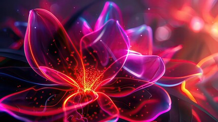 Artistic display of neon lit flower petals, combining natural shapes with electric light, modern decor concept