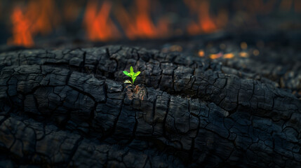 Wildfire burns ground in forest with young sapling growing out of the ashes of a burnt tree trunk....