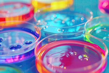 Close up on chemical reactions in petri dishes, vibrant colors showcasing scientific experiments