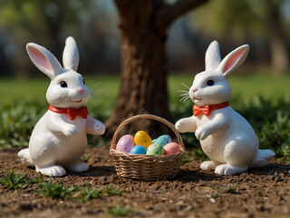 Toy diorama of twin rabbits collecting Easter eggs