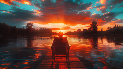  a man sitting in a chair on a dock on a lake watching a beautiful sunset, sunset over the river - obrazy, fototapety, plakaty