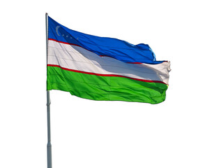 Flying Uzbek flag or Flag of Uzbekistan against blue sky.Flying Uzbek flag or Flag of Uzbekistan isolated on white