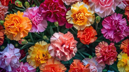 Vividly colored carnations in full bloom up close