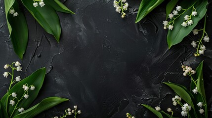 A stunning floral border featuring delicate lily of the valley flowers set against a dramatic black backdrop Perfect for occasions like Valentine s Women s or Mother s Day weddings and the 