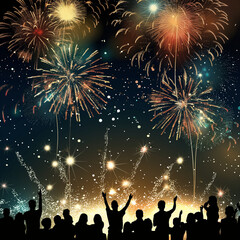Fototapeta na wymiar Background of fireworks and crowd launching into the night sky