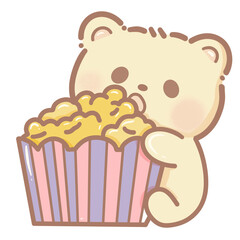 Handdrawn illustration Cute kawaii yellow teddy bear eating a popcorn clipart fun amusement park pastel color greeting card birthday invitation