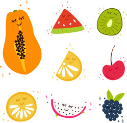Set of summer hand draw fruits isolated on white. Vector illustration with kawaii eyes. Papaya,pawpaw, cherry,watermelon, kiwi,orange, lime,blackberry,bramble,dewberry,dragon fruit, pitahaya,pitaya. 