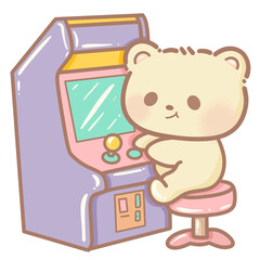 Handdrawn illustration Cute kawaii yellow teddy bear playing an arcade game clipart fun amusement park pastel color greeting card birthday invitation