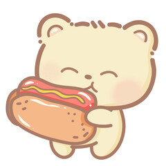 Handdrawn illustration Cute kawaii yellow teddy bear eating a hotdog clipart fun amusement park pastel color greeting card birthday invitation