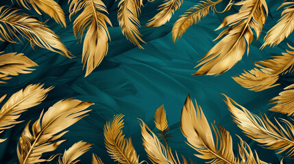 Intricate golden feathers cascade over a background of midnight teal, forming a cover design that speaks of timeless elegance.