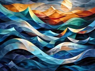 Capture the essence of deep-sea exploration with a cubist twist, featuring dynamic geometric shapes, distorted perspectives, and a fusion of surreal aquatic landscapes - obrazy, fototapety, plakaty
