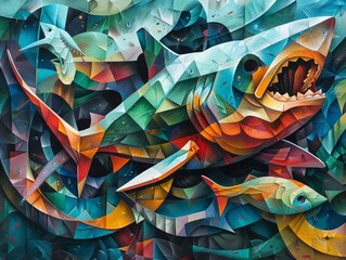 Capture the essence of deep-sea exploration with a cubist twist, featuring dynamic geometric shapes, distorted perspectives, and a fusion of surreal aquatic landscapes
