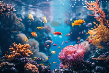 Fototapeta na wymiar Craft a mesmerizing underwater scene in a minimalist style, featuring vibrant coral reefs and graceful sea creatures, viewed from a dramatic overhead perspective