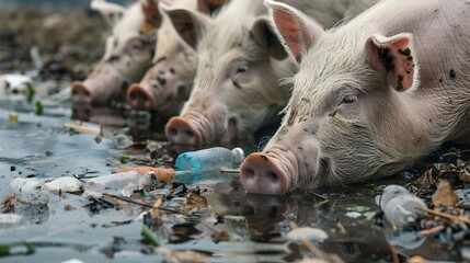 Farm Animals Drinking from Microplastic Filled Pond Highlighting Environmental Pollution and Chemical Exposure