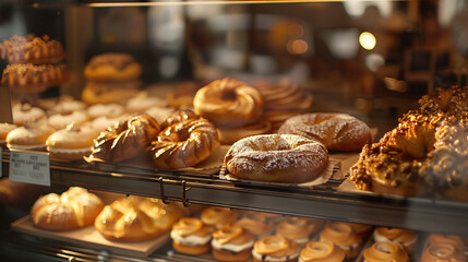 Delicious loaves of bread in a german baker shop. Different types of bread loaves on bakery shelves.