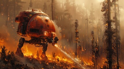 Advanced firefighting robot navigating through dense, fiery forest - futuristic technology in action