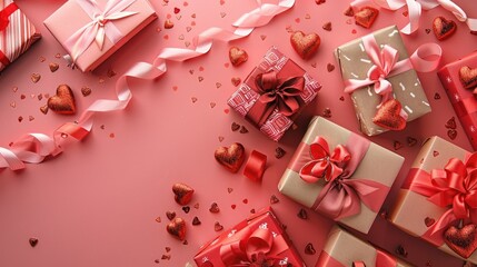 Celebrate the essence of Valentine s Day with a charming setup featuring beautifully wrapped gifts adorned with vibrant paper and luxurious satin ribbons This traditional display captures t