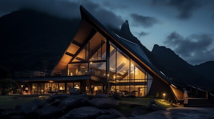 A photo highlighting a homestay hotel at twilight, with its interior emitting a welcoming light against the dim mountain scenery