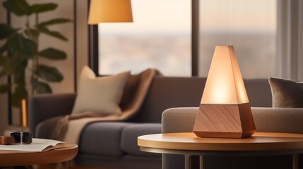 A wooden lamp with a triangular shade sits on a round table in a living room