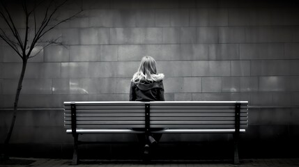 A black and white photo of a woman sitting on a park bench with her hands on her face. - Powered by Adobe