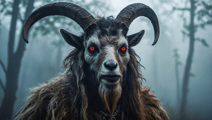 goatman stands in the mist of an unsettling forest with eerie frightening eyes glowing red