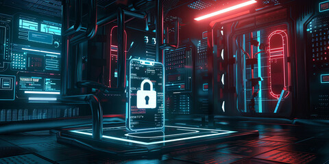 3D render of a glowing padlock icon on a large smartphone in a cyberpunk dark room, generative AI - obrazy, fototapety, plakaty