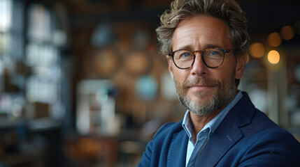 Friendly male businessman in casual blue blazer and glasses smiling friendly in modern office space with blurry background
