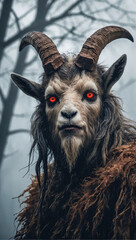 goatman stands in the mist of an unsettling forest with eerie frightening eyes glowing red - obrazy, fototapety, plakaty