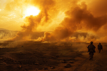  soldiers in war zone with fire and smoke in the desert
