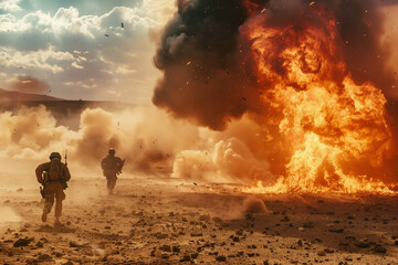  soldiers in war zone with fire and smoke in the desert