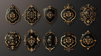 Luxurious design featuring a collection of ornate golden badges set against a rich black background.
