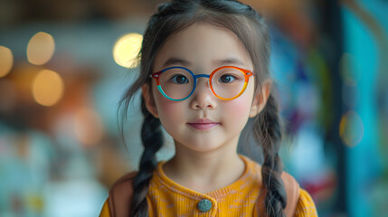 Portrait of a young Asian girl wearing colorful glasses - obrazy, fototapety, plakaty