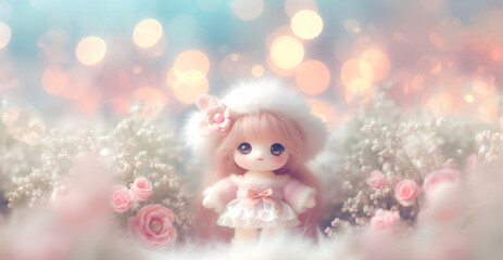 Baby cute fluffy doll flower and bokeh background, content space