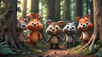 3D children's image of 4 animals playing hide and seek in the forest