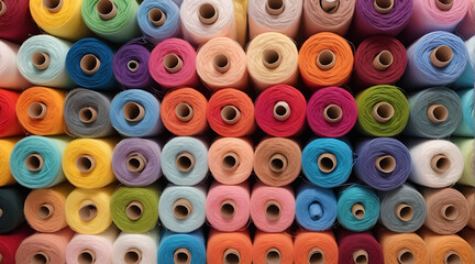 Fototapeta premium Thread rolls filled in seamless background with colorful cotton threads of all colors, wide perspective wallpaper style, colordull