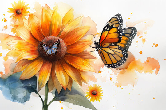 Watercolor Sunflower with the butterfly illustrations on white background. Watercolor hand-painted floral sunflower bouquets for wedding invites, stationary, greetings, wallpapers, and backgrounds.