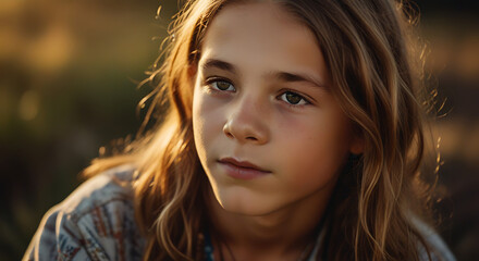 Close Portrait of a hippie boy kid with golden hour in theme sunlight, hippy child with long hair, hair