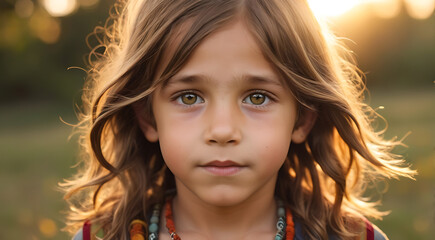 Close Portrait of a hippie boy kid with golden hour in theme sunlight, hippy child with long hair, 