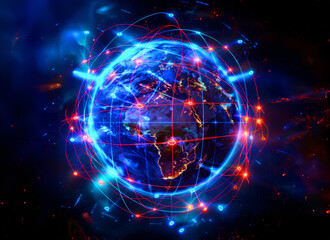 Abstract digital blue network of Earth planet globe in space with network and rays of light, on a dark background. international communication, technology and travel
