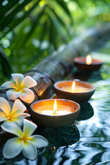 Three burning cosmetic candles on a bamboo stand, frangipani flowers and tropical leaves reflected in the water, bokeh, relaxation spa background - obrazy, fototapety, plakaty