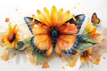 Watercolor Sunflower with the butterfly illustrations on white background. Watercolor hand-painted floral sunflower bouquets for wedding invites, stationary, greetings, wallpapers, and backgrounds.