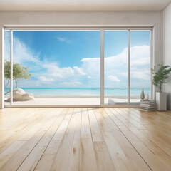 empty room with window and sky, Sea view living room of luxury summer beach house with glass window and wooden floor. Empty white concrete wall background in vacation home or holiday villa stock photo
