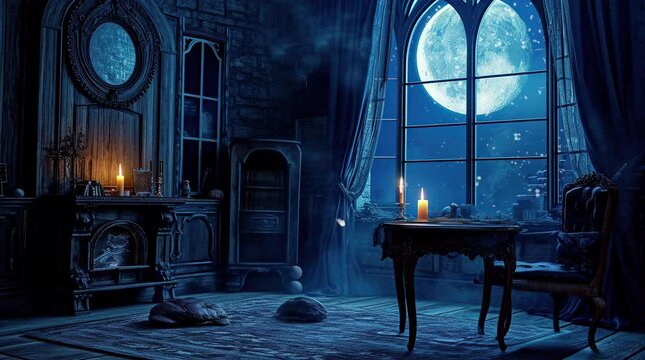 Enchanting fantasy night castle room with a full moon view from the window. Magical ambiance under moonlight.
 Seamless looping 4k time-lapse virtual video animation background. Generated AI