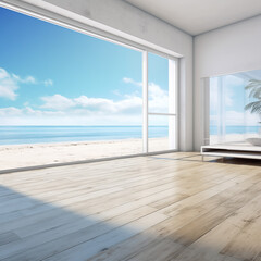 room with a view, Sea view living room of luxury summer beach house with glass window and wooden floor. Empty white concrete wall background in vacation home or holiday villa stock photo