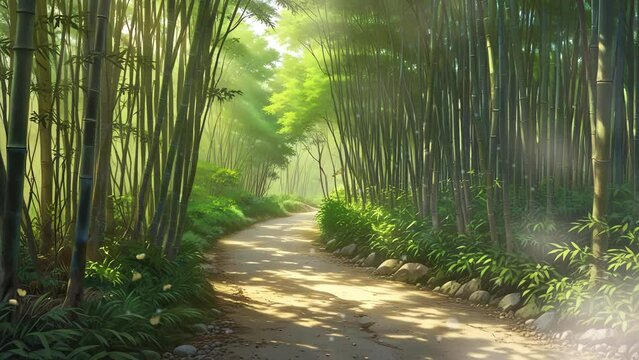 Tranquil 4K looping video capturing a serene path winding through a bamboo forest in the morning.